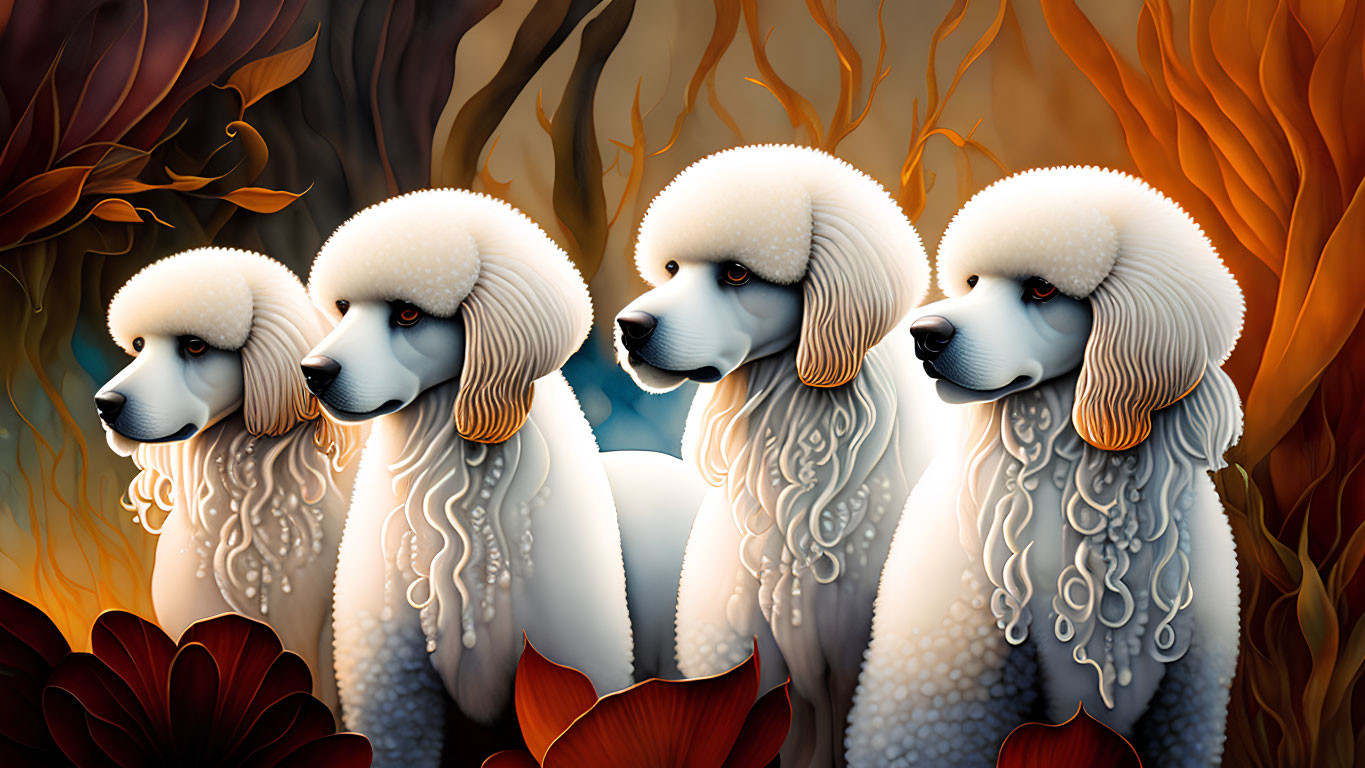 Stylized white poodles against autumn leaves background