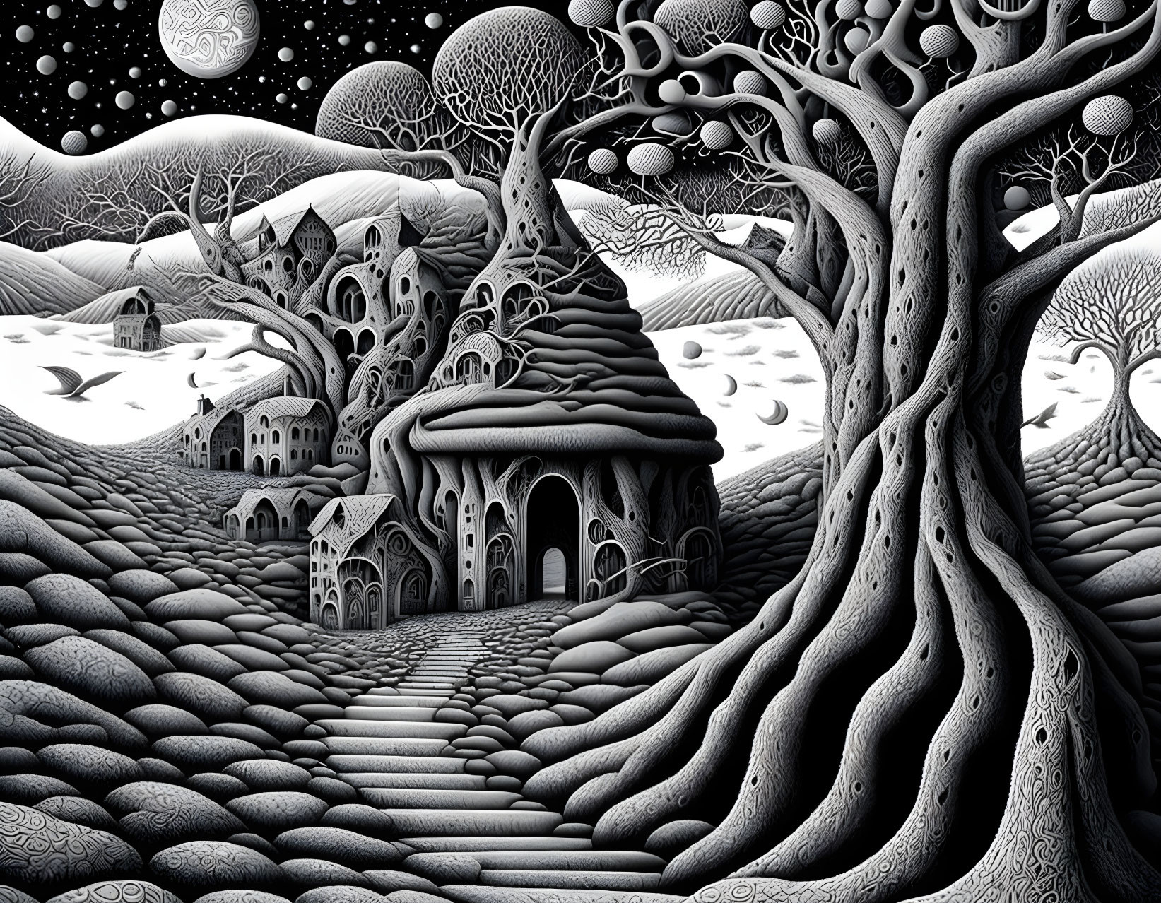 Surreal monochrome landscape with tree, buildings, hills, and starry sky