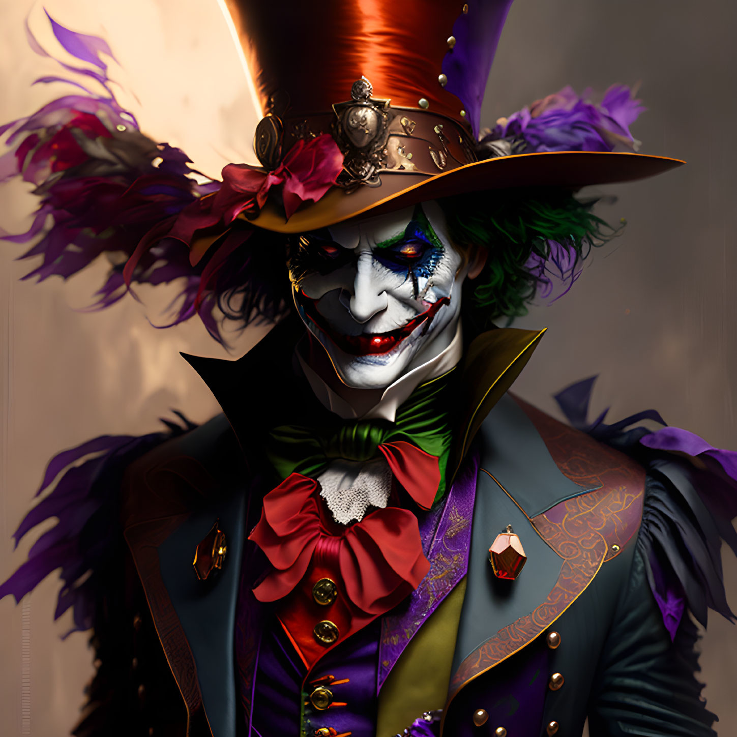 Sinister clown in purple top hat, green hair, ornate coat, and menacing grin