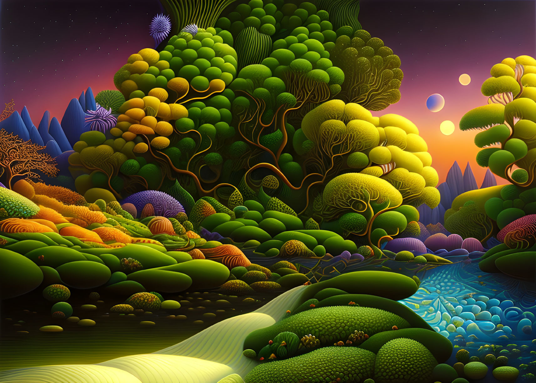 Fantastical landscape with stylized trees, hills, river, and dual moons