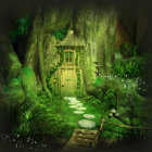 Green cottage with yellow door in enchanted forest setting