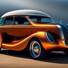 Vintage Car with Elaborate Designs and Golden-Brown Body Against Cloudy Sky