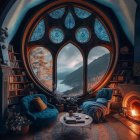 Ornate window view of mystical landscape in cozy room