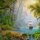 Fantasy landscape with pagoda, tropical flora, waterfalls, boats, and whimsical architecture at