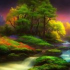 Fantastical landscape with stylized trees, hills, river, and dual moons