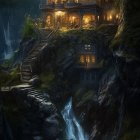 Mountain-side house with waterfall at twilight