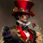 Colorful character in red top hat and green jacket against floral backdrop