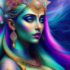 Digital art: Woman with blue skin, gold jewelry, cosmic background