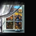 Woman in White Dress Viewing Floral Scene Through Window