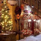 Charming cobblestone street with vibrant flowers and warm twilight lighting