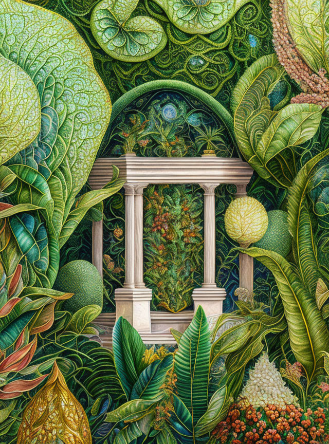 Detailed illustration of green plants and leaves around a white window frame.