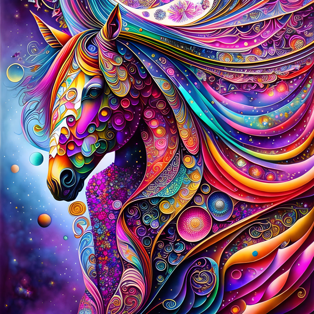 Colorful Unicorn Illustration with Cosmos Background & Psychedelic Patterns