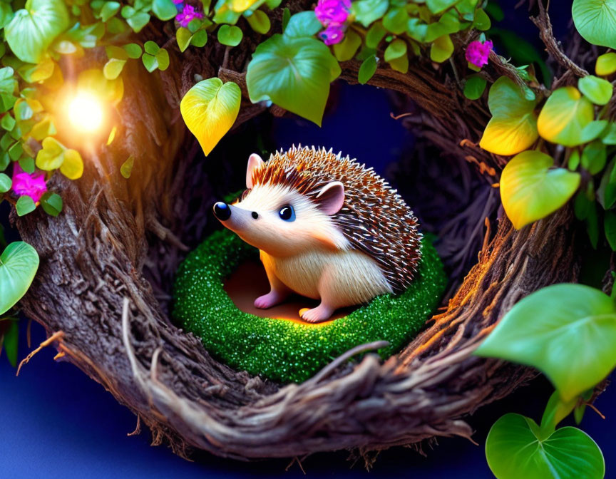 Stylized hedgehog in nest with leaves and flowers