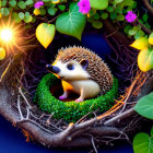 Stylized hedgehog in nest with leaves and flowers