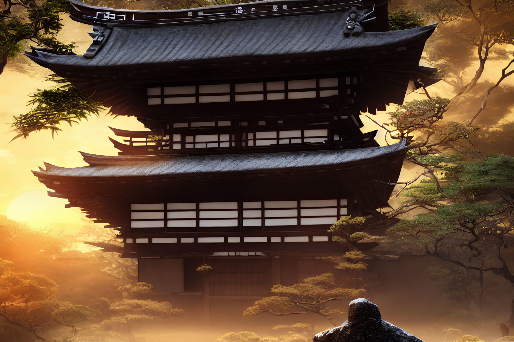 Traditional Japanese Pagoda Amid Autumn Trees and Silhouette of Person in Golden Sunlight