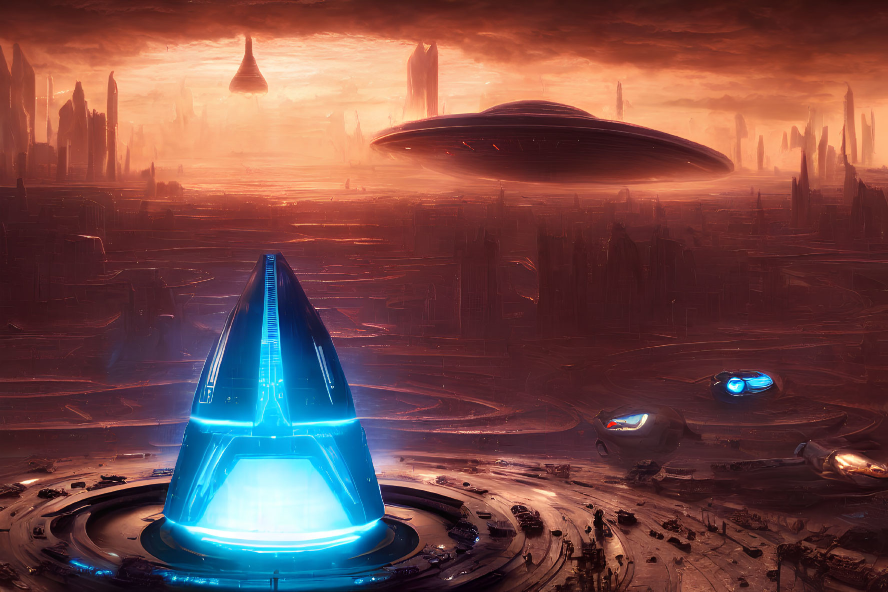 Futuristic cityscape with towering spires and flying vehicles under an orange sky