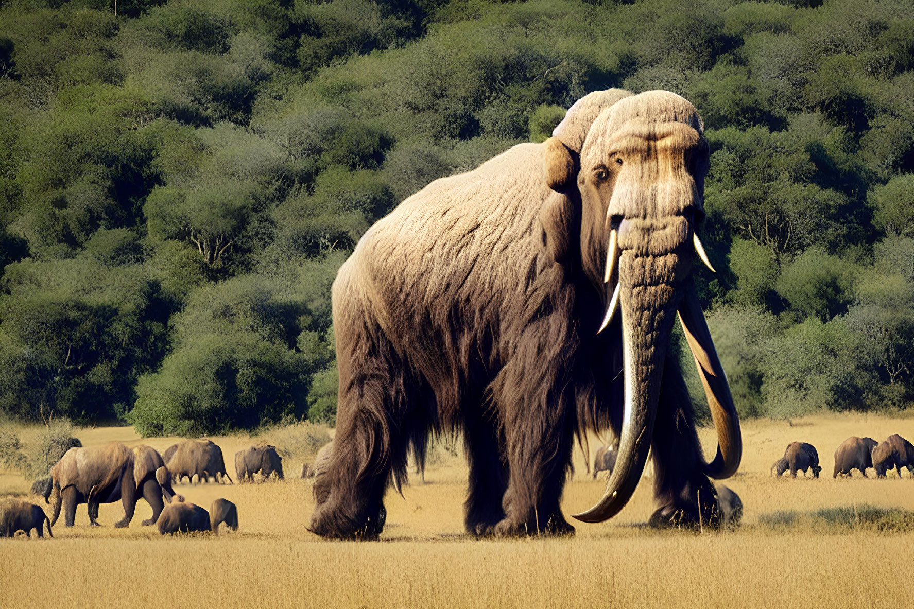 Prehistoric woolly mammoth and modern elephants in savannah landscape