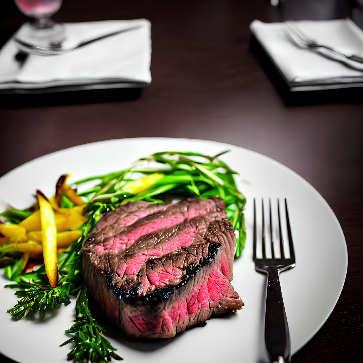 Medium-Rare Steak with Green Beans and Potatoes on White Plate