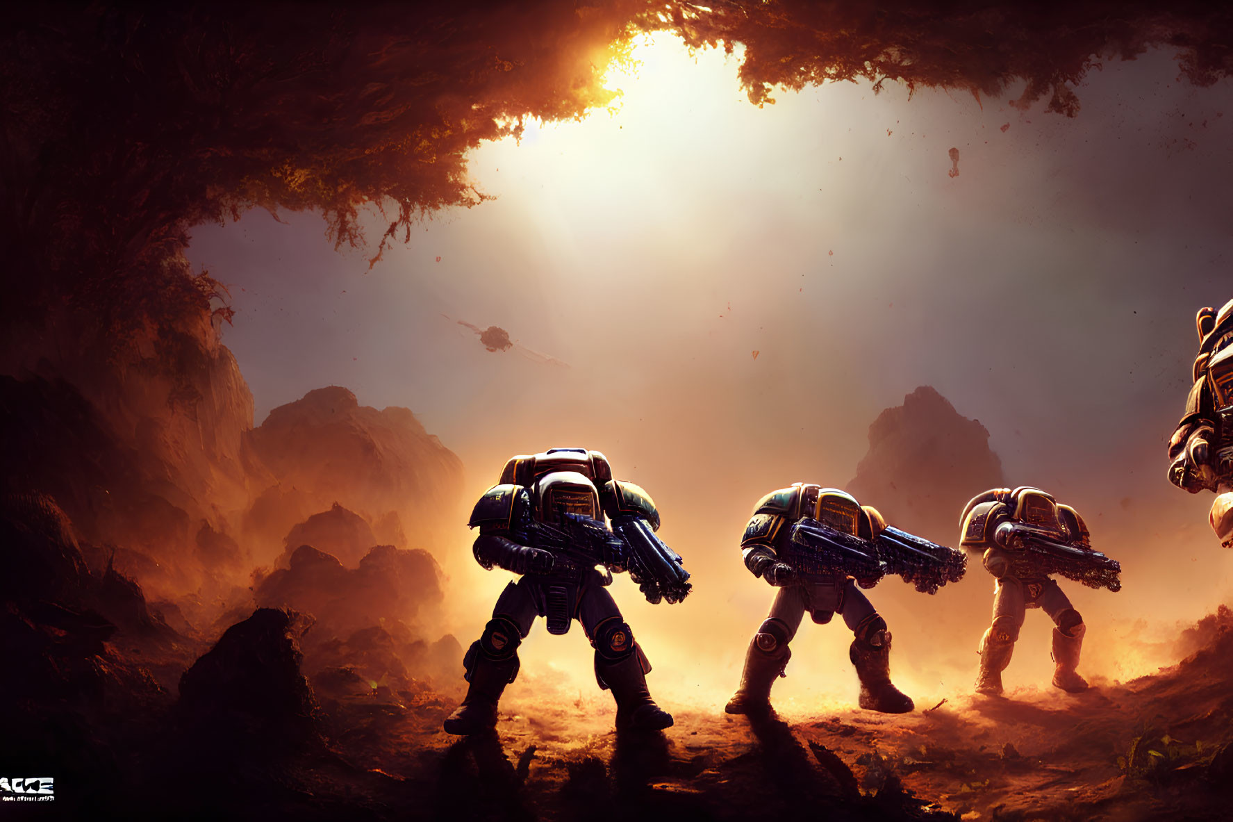 Futuristic armored suits on rocky terrain under radiant sun.