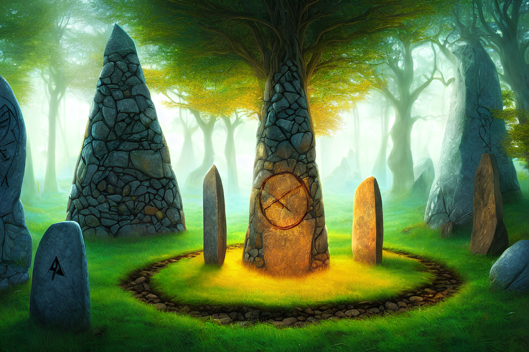 Stone monuments and mystical symbols in enchanted forest clearing