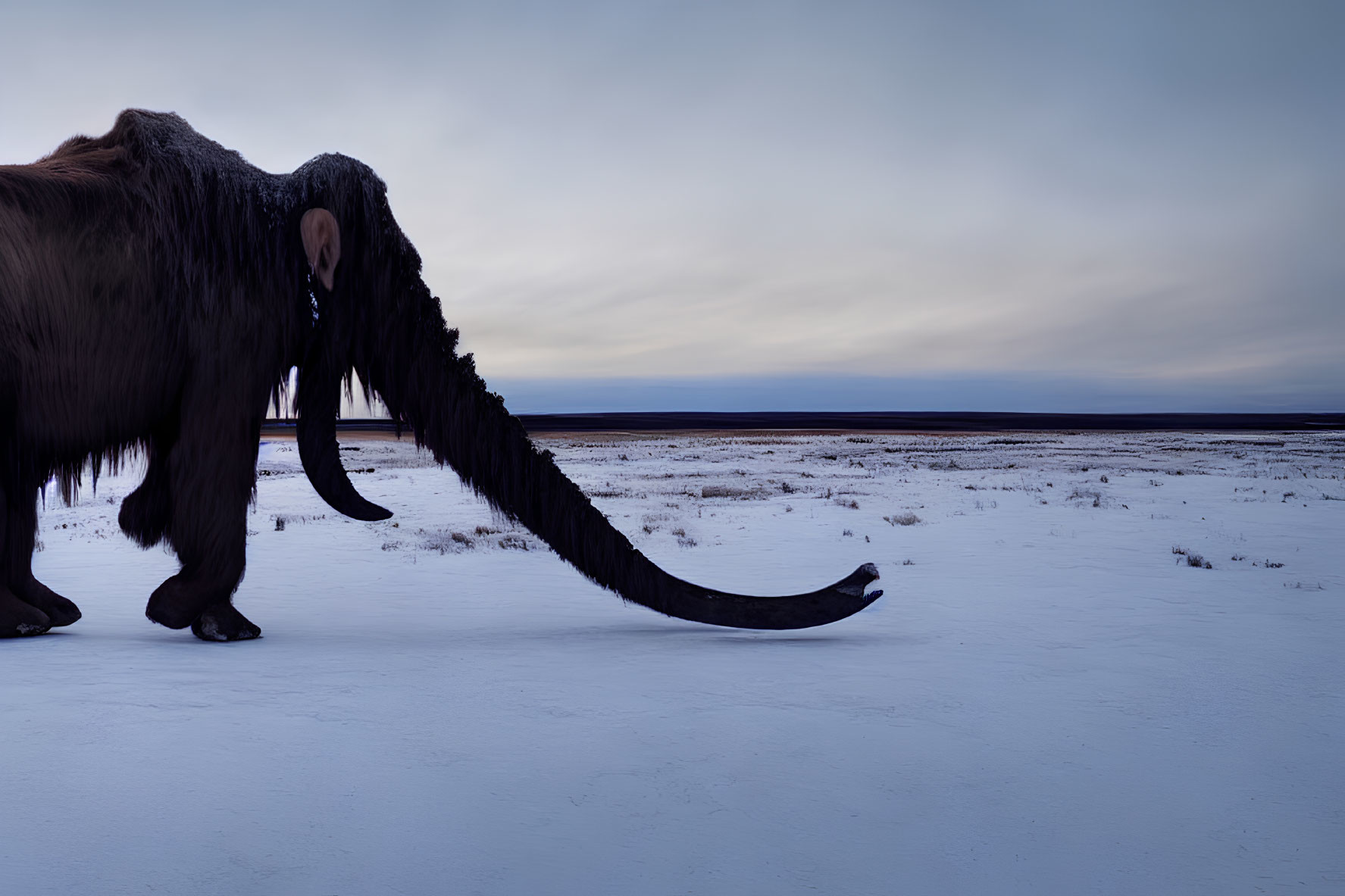 Large tusked mammoth in snowy twilight landscape