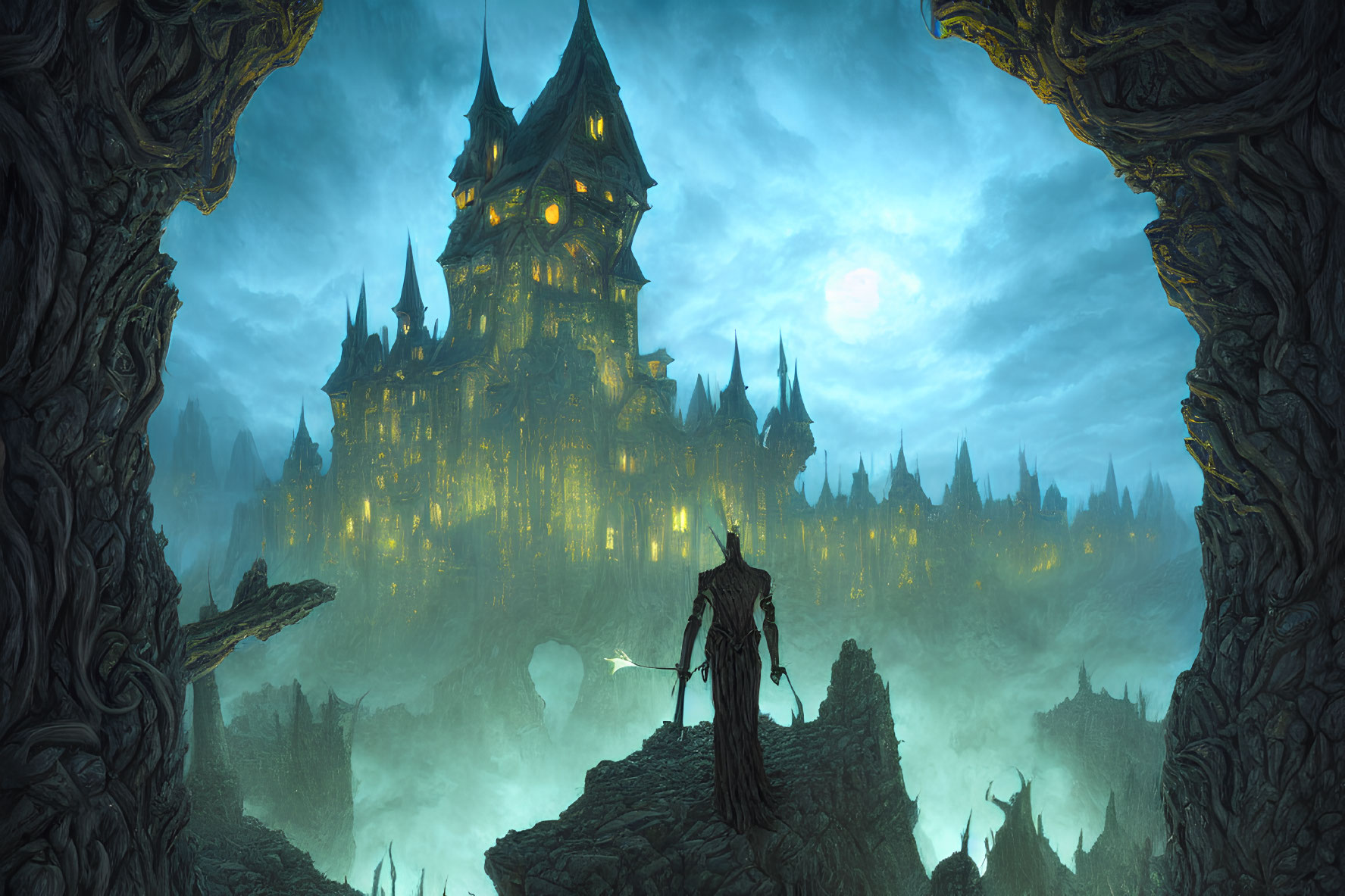 Shadowy Figure in Moonlit Gothic Castle with Spire Silhouettes