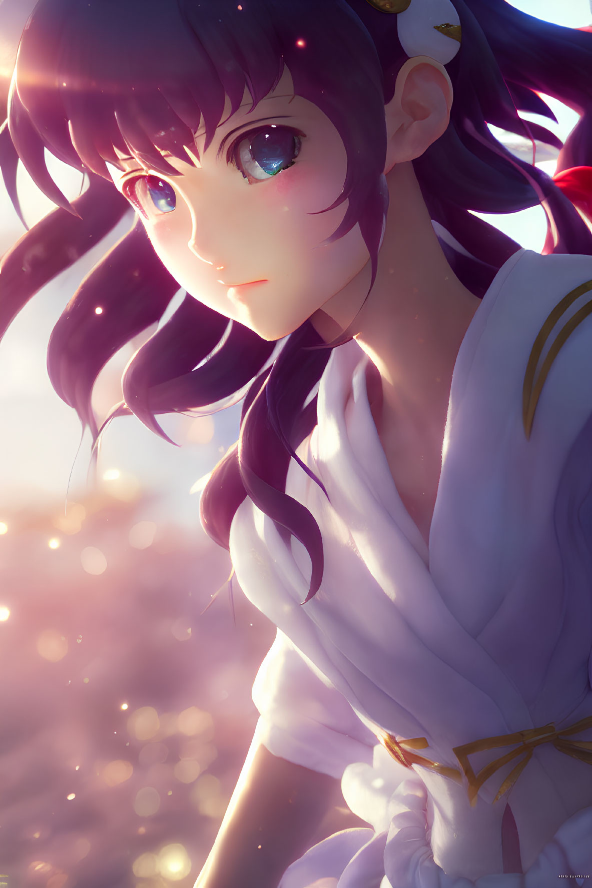 Anime girl with large green eyes in traditional outfit under warm light