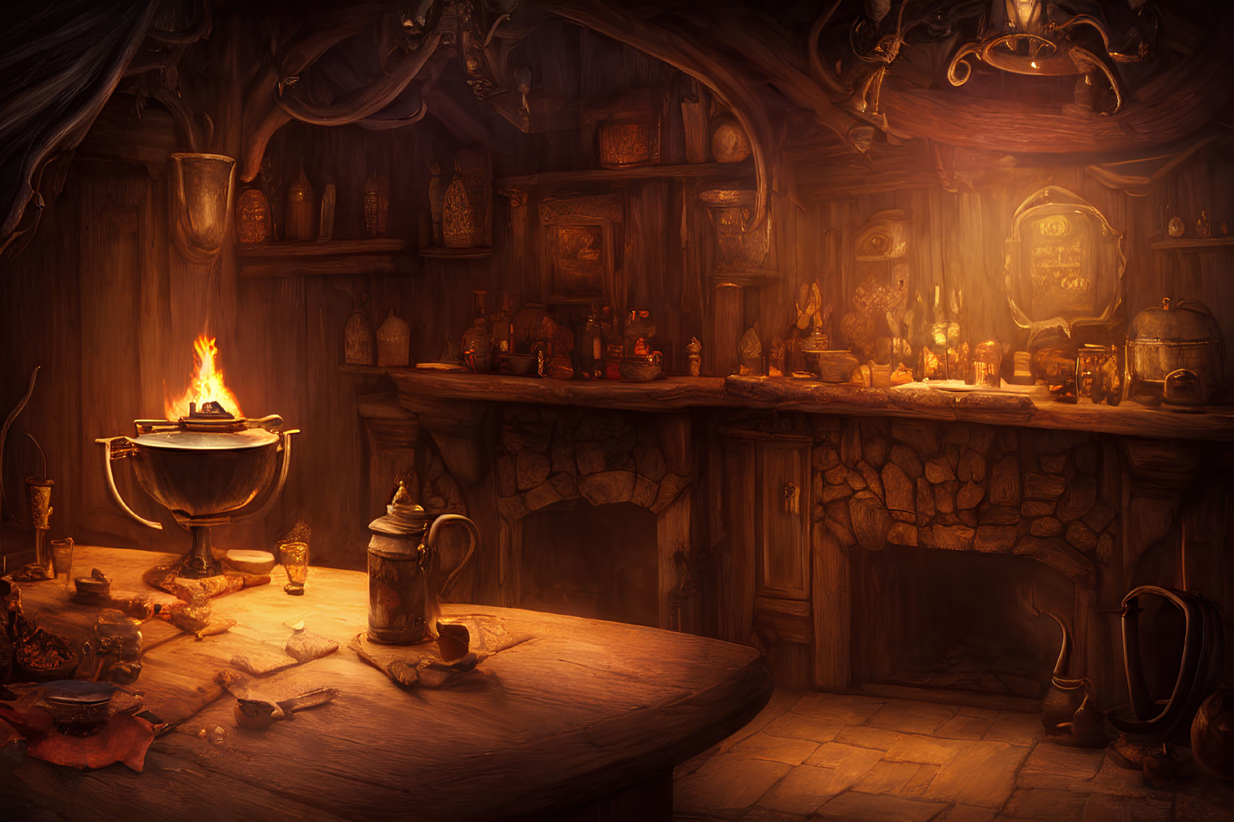 Medieval tavern interior with wooden furnishings and stone hearth