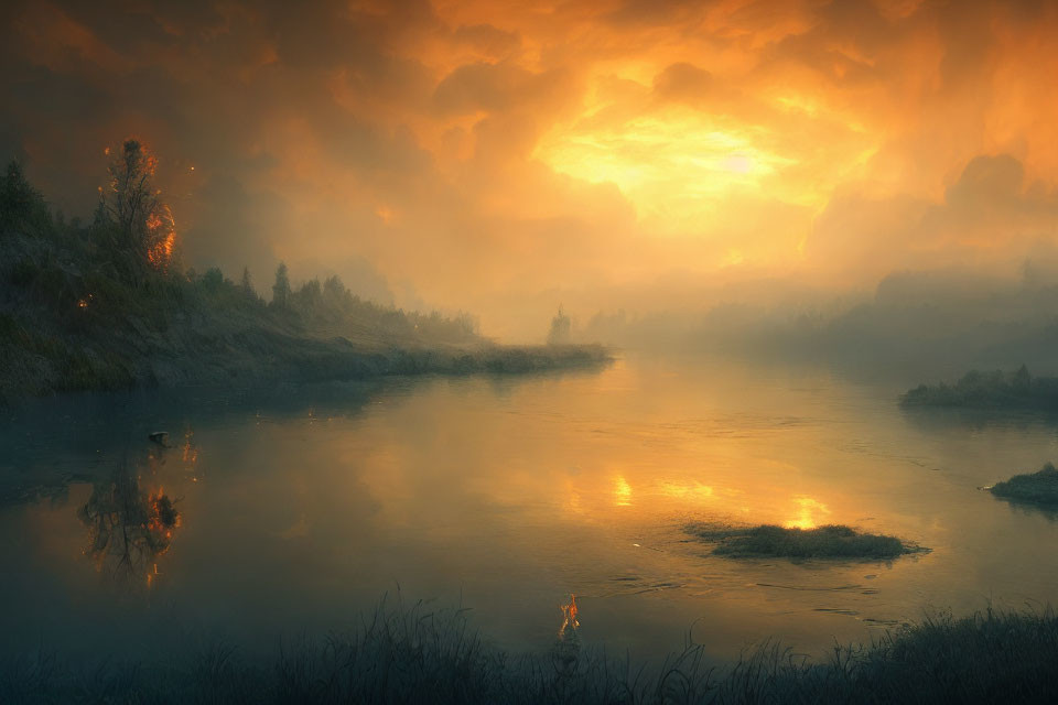 Dramatic orange sky over person on misty riverbank