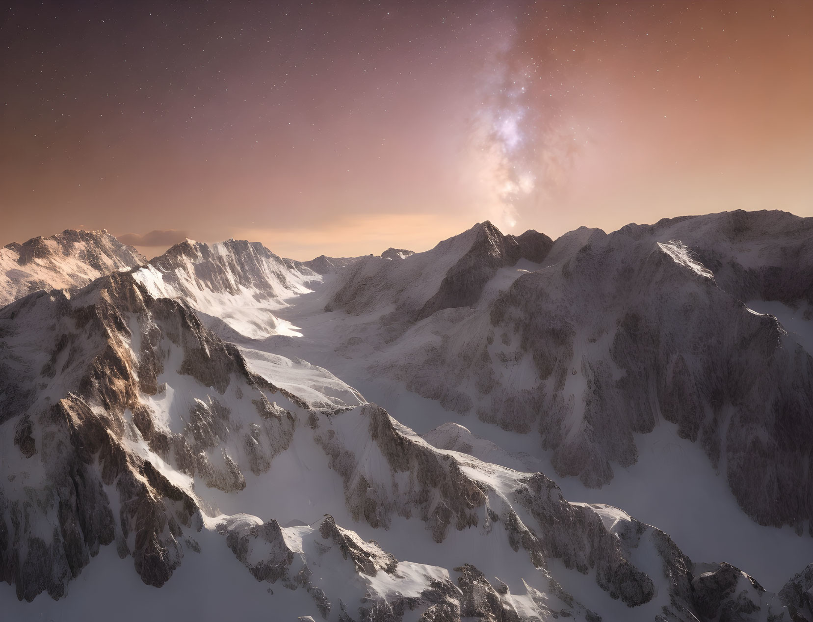 Starry twilight sky over snow-covered mountain peaks