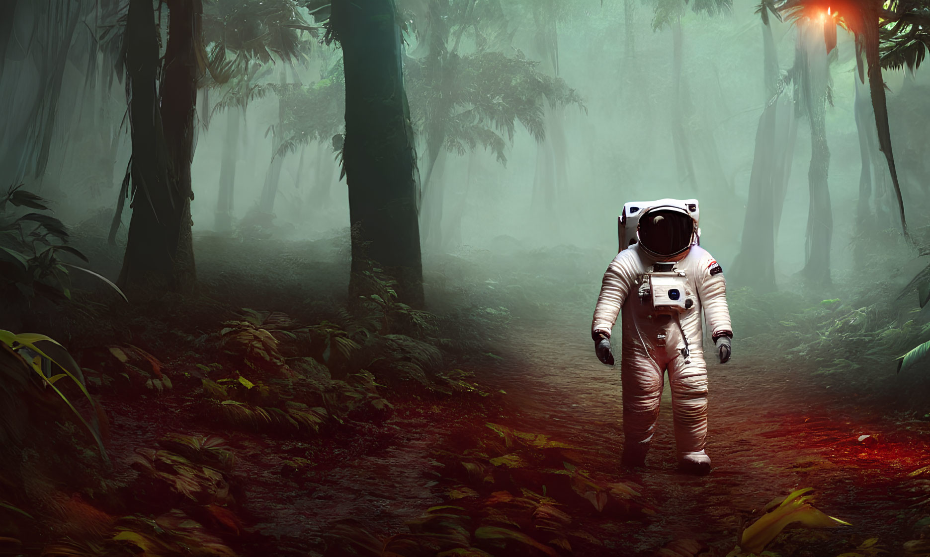 Astronaut in white space suit on foggy forest path