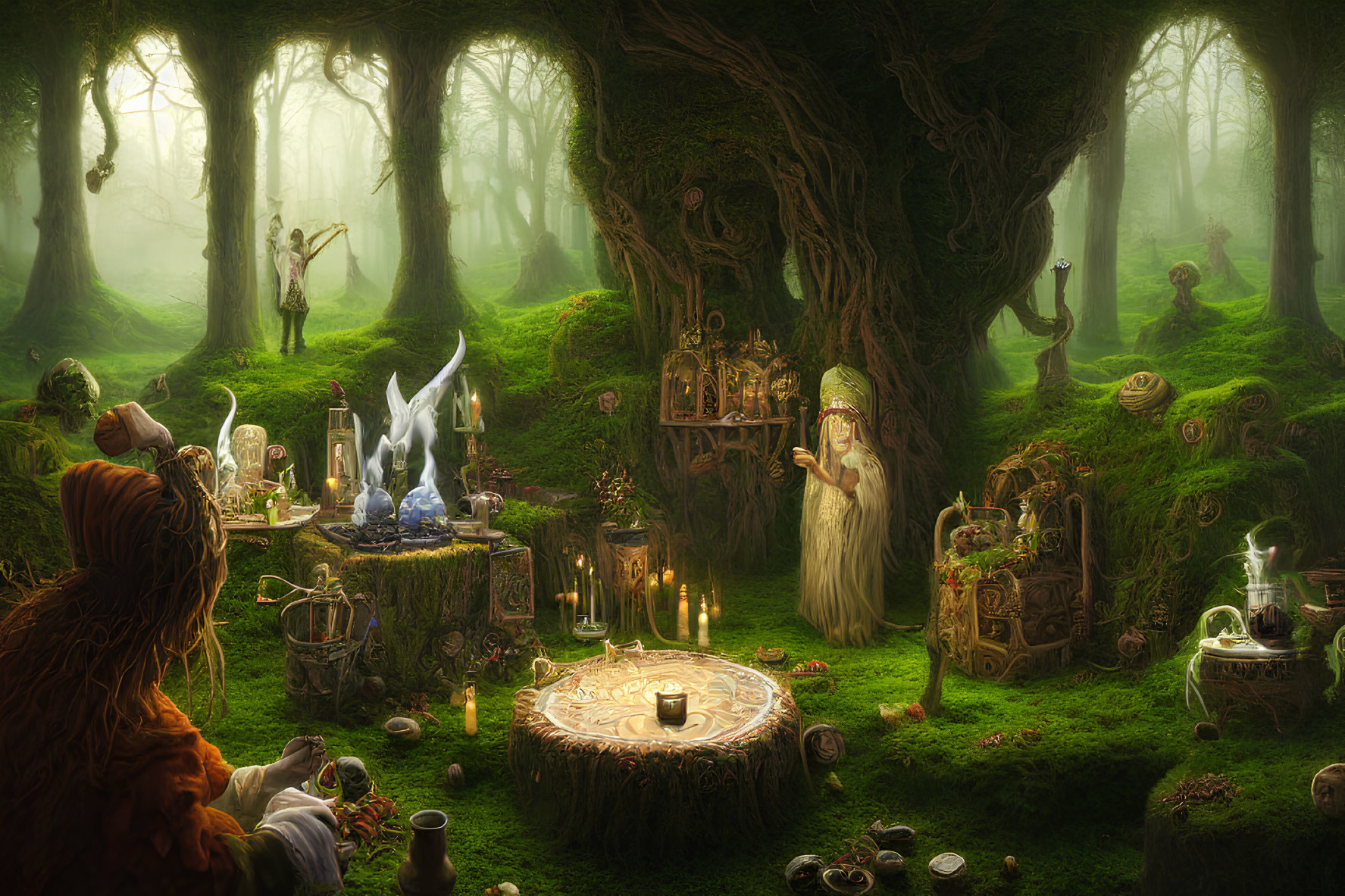 Mystical forest scene with wizard, magical artifacts, potions, and candles