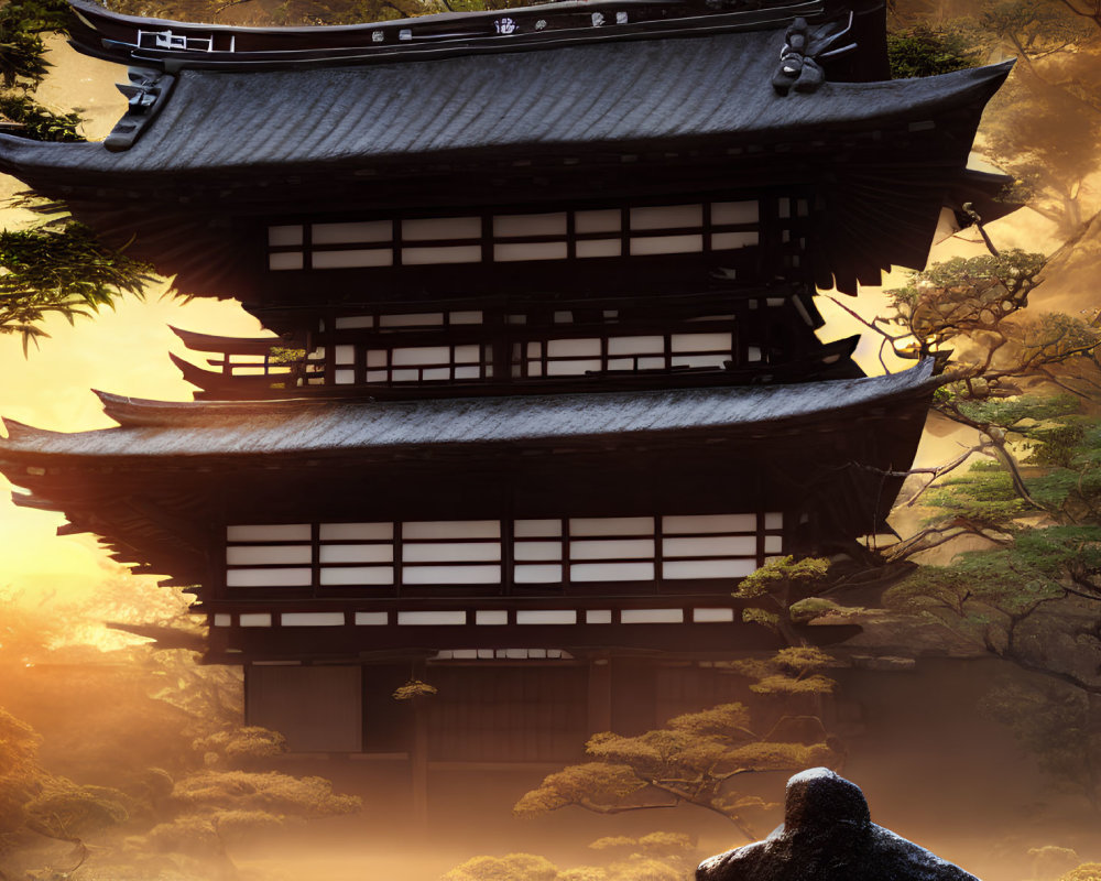 Traditional Japanese Pagoda Amid Autumn Trees and Silhouette of Person in Golden Sunlight