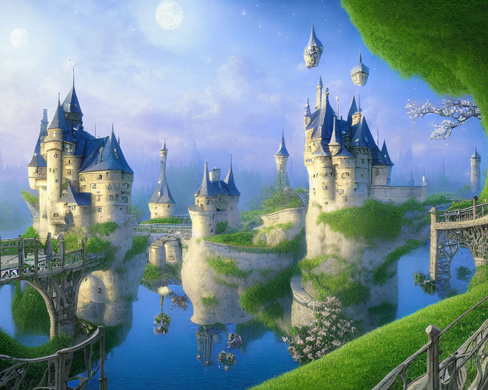 Majestic castle surrounded by water, bridges, lush greenery, and floating islands under a moon