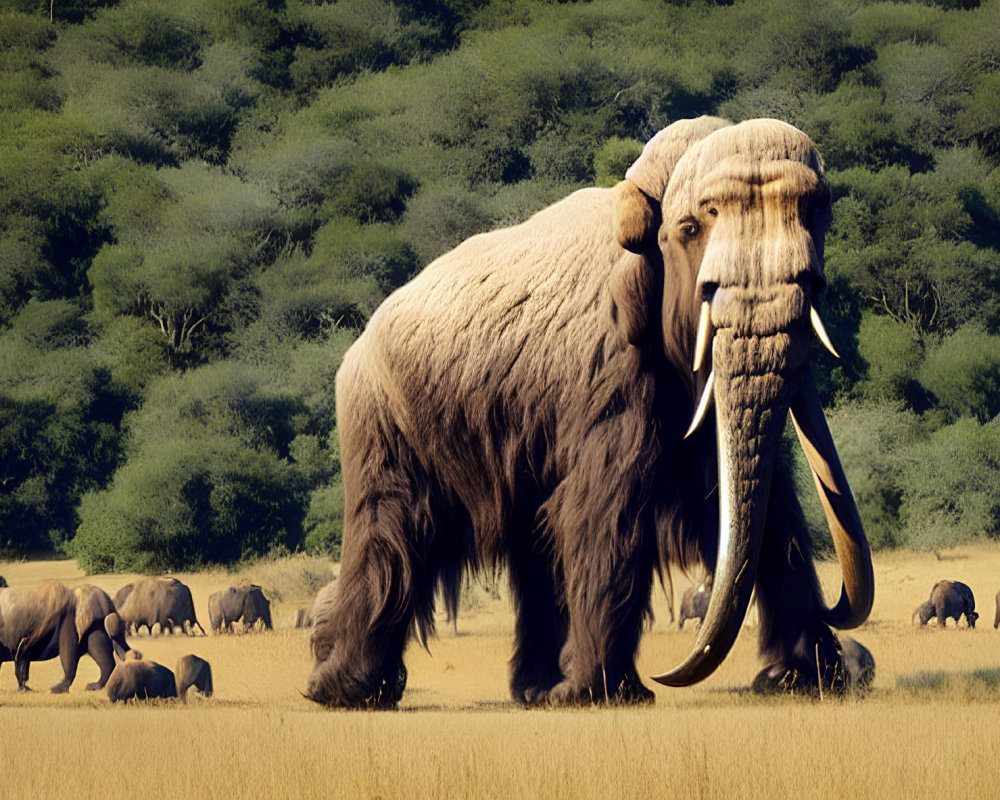 Prehistoric woolly mammoth and modern elephants in savannah landscape