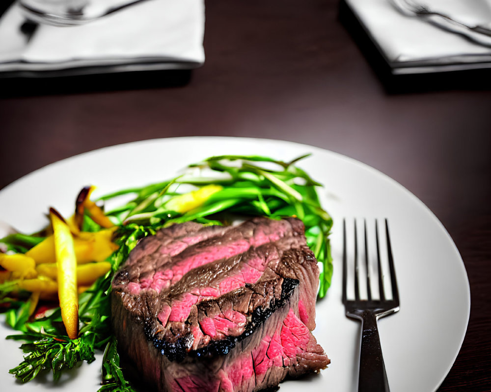 Medium-Rare Steak with Green Beans and Potatoes on White Plate