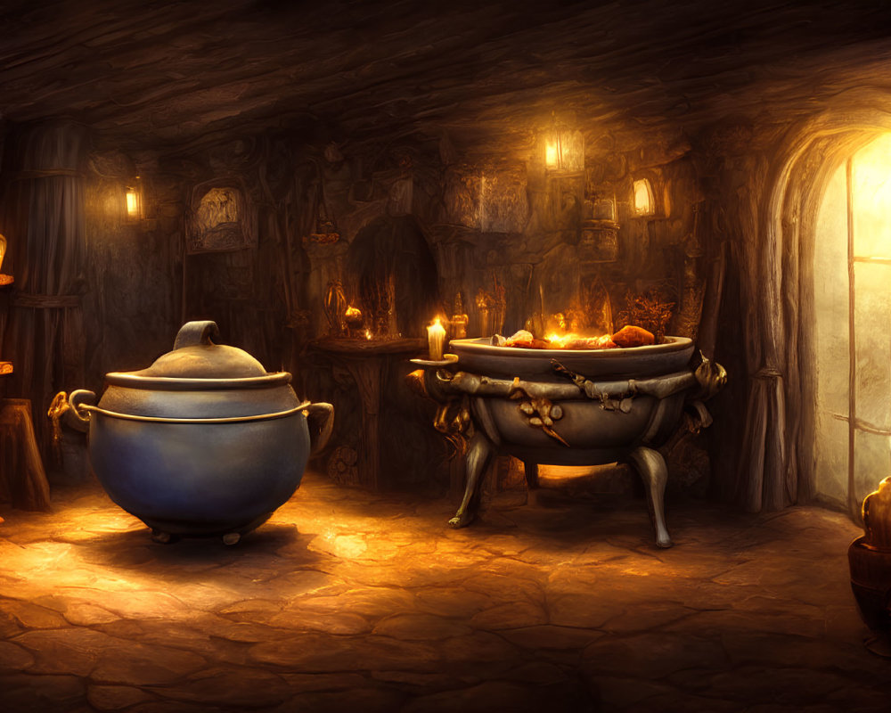 Fantasy kitchen with cauldron, candlelight, and fireplace