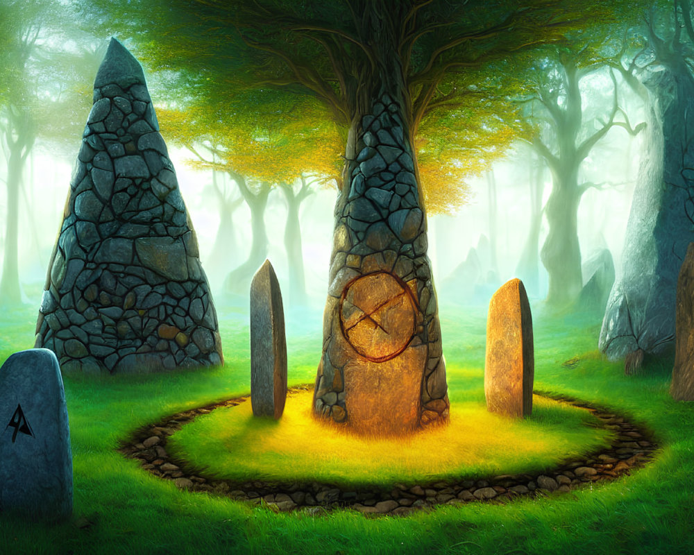 Stone monuments and mystical symbols in enchanted forest clearing