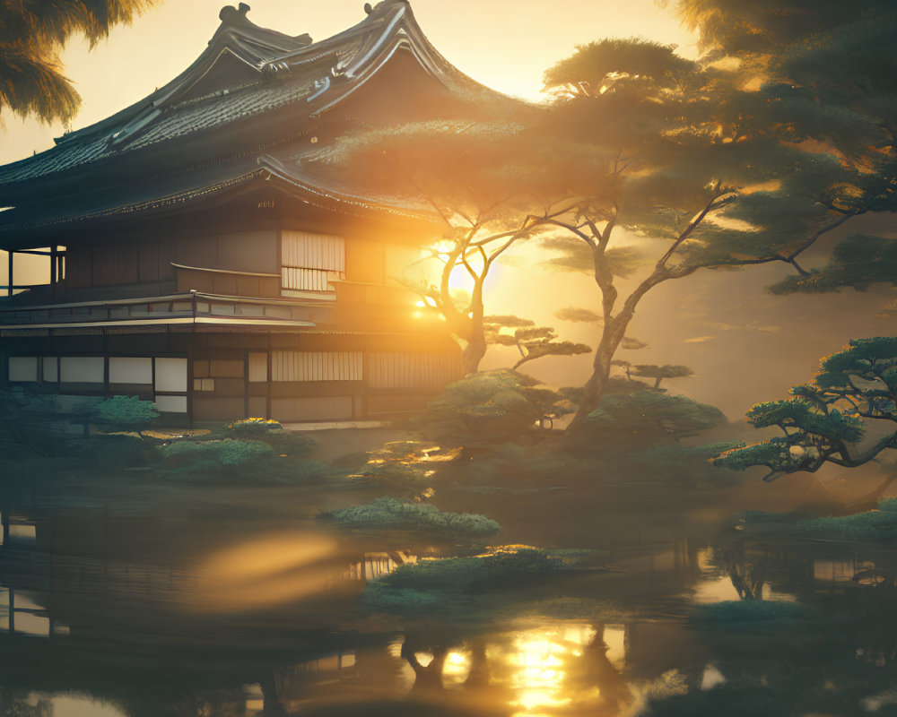 Japanese House Sunset Reflection Pine Trees