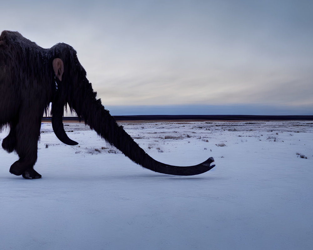 Large tusked mammoth in snowy twilight landscape