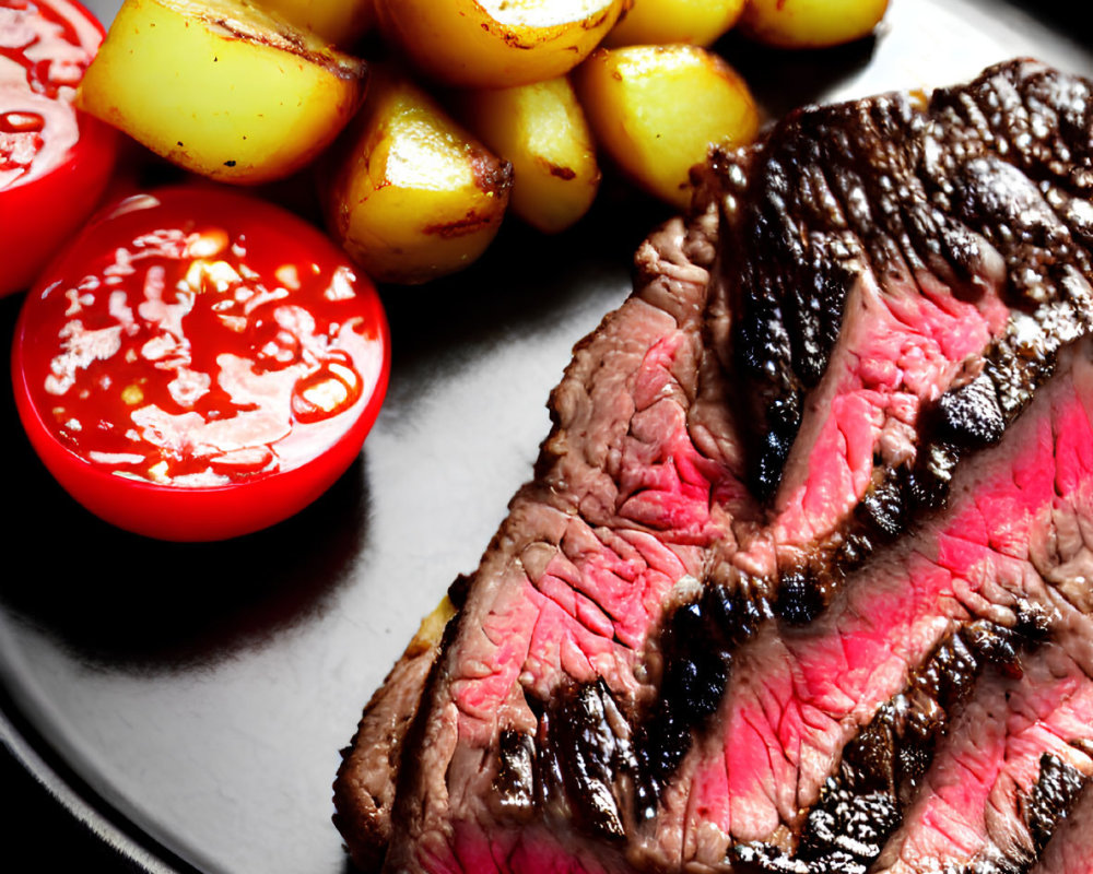 Grilled Steak with Roasted Potatoes and Tomatoes on Black Plate