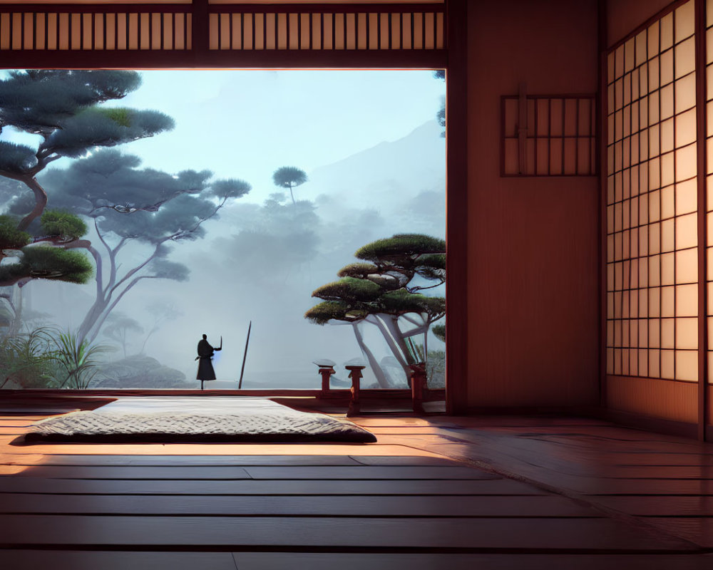 Japanese Room with Tatami Mats, Shoji Doors, Tea Set, and Bonsai Garden