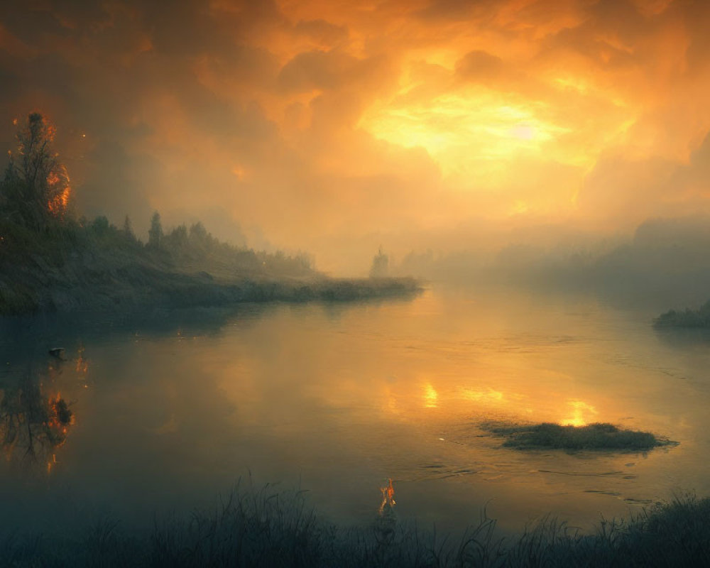 Dramatic orange sky over person on misty riverbank