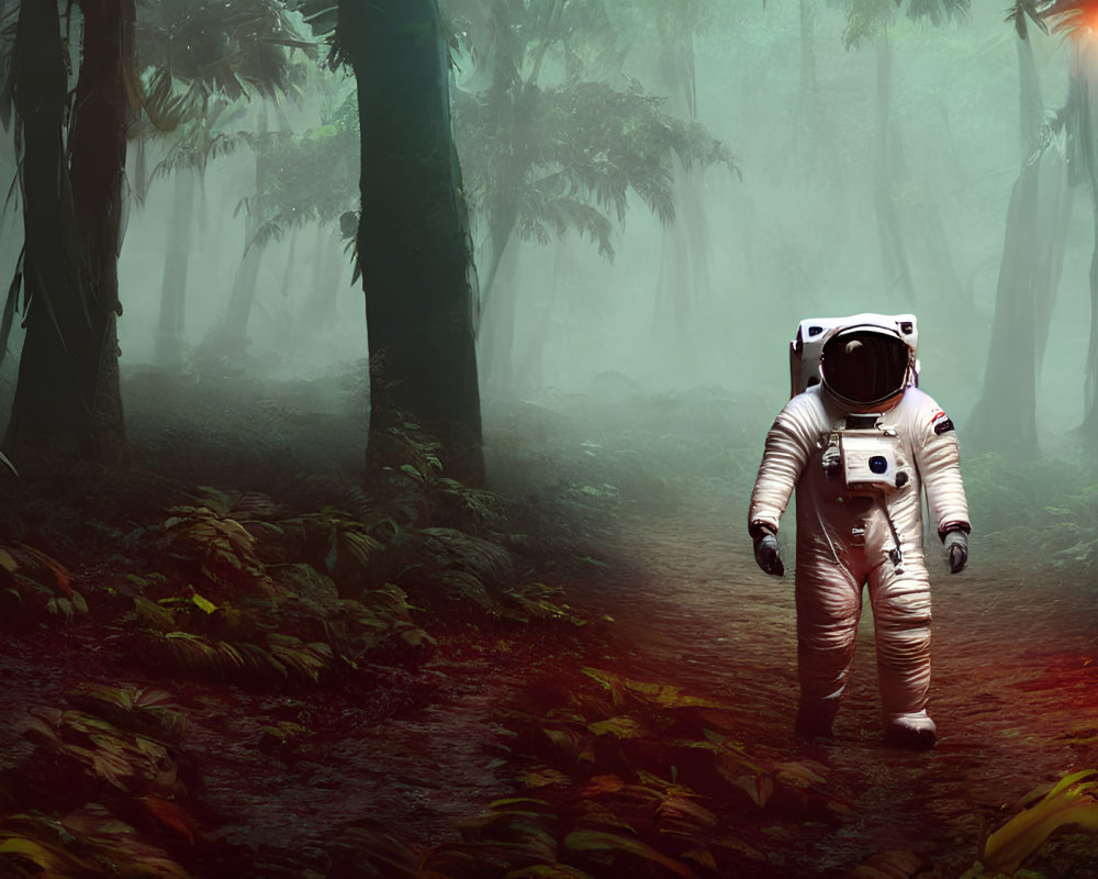 Astronaut in white space suit on foggy forest path