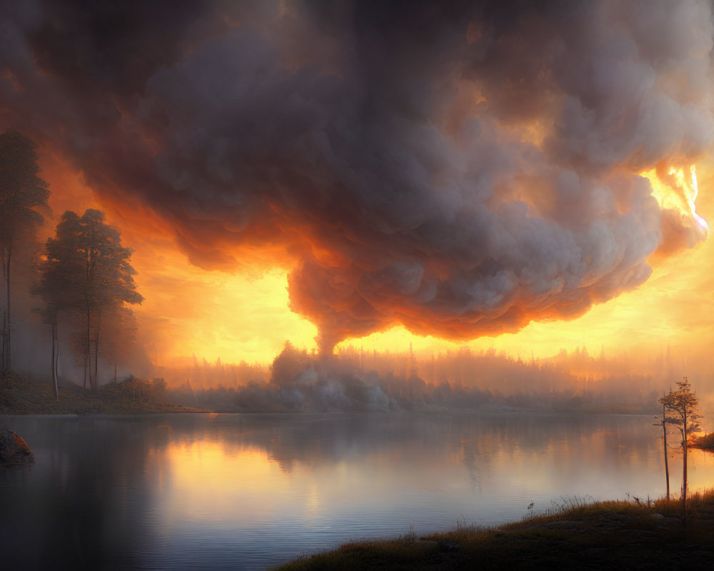 Dramatic scene: fiery sky, voluminous clouds, tranquil lake, trees