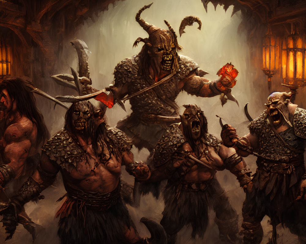 Menacing fantasy orcs armed for battle in torch-lit setting