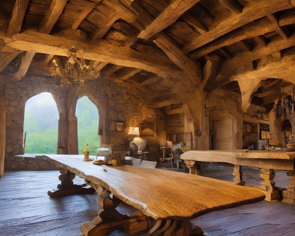 Medieval-style Hall with Stone Walls and Wooden Arched Ceiling