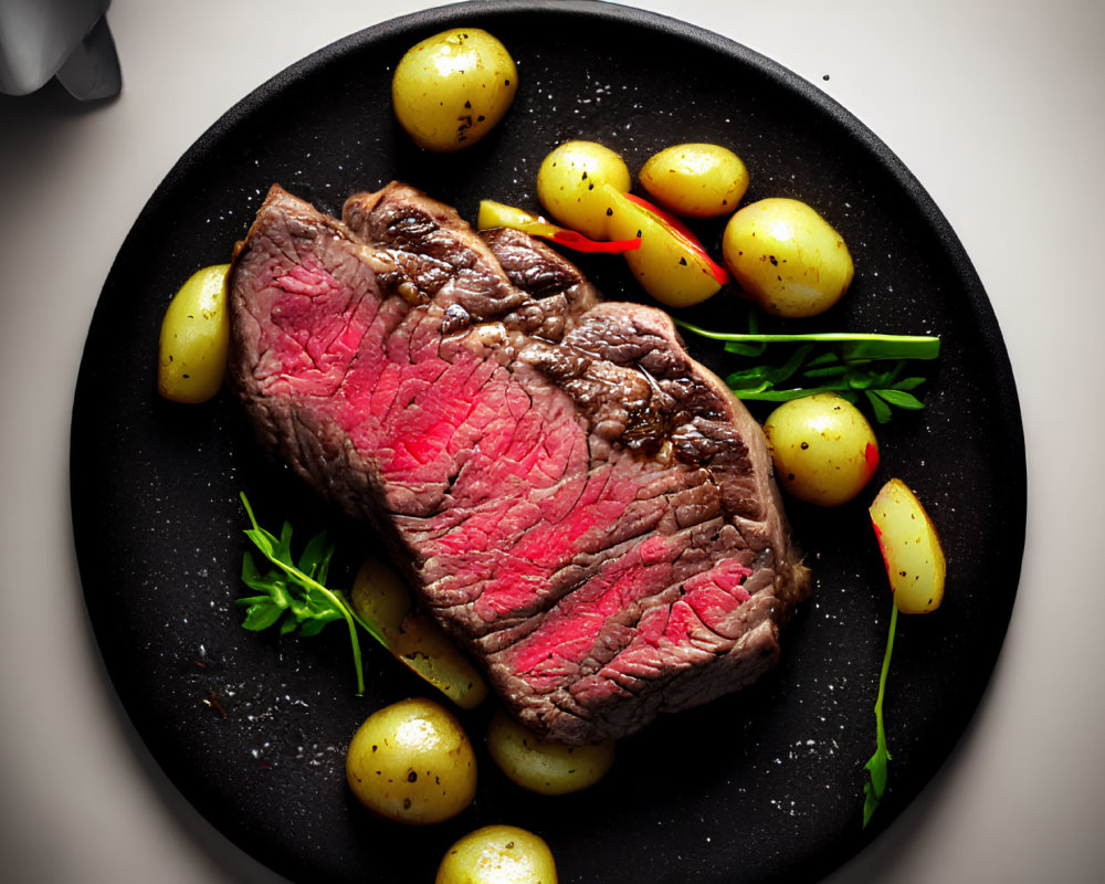 Sliced Medium-Rare Steak on Black Plate with Baby Potatoes & Herbs