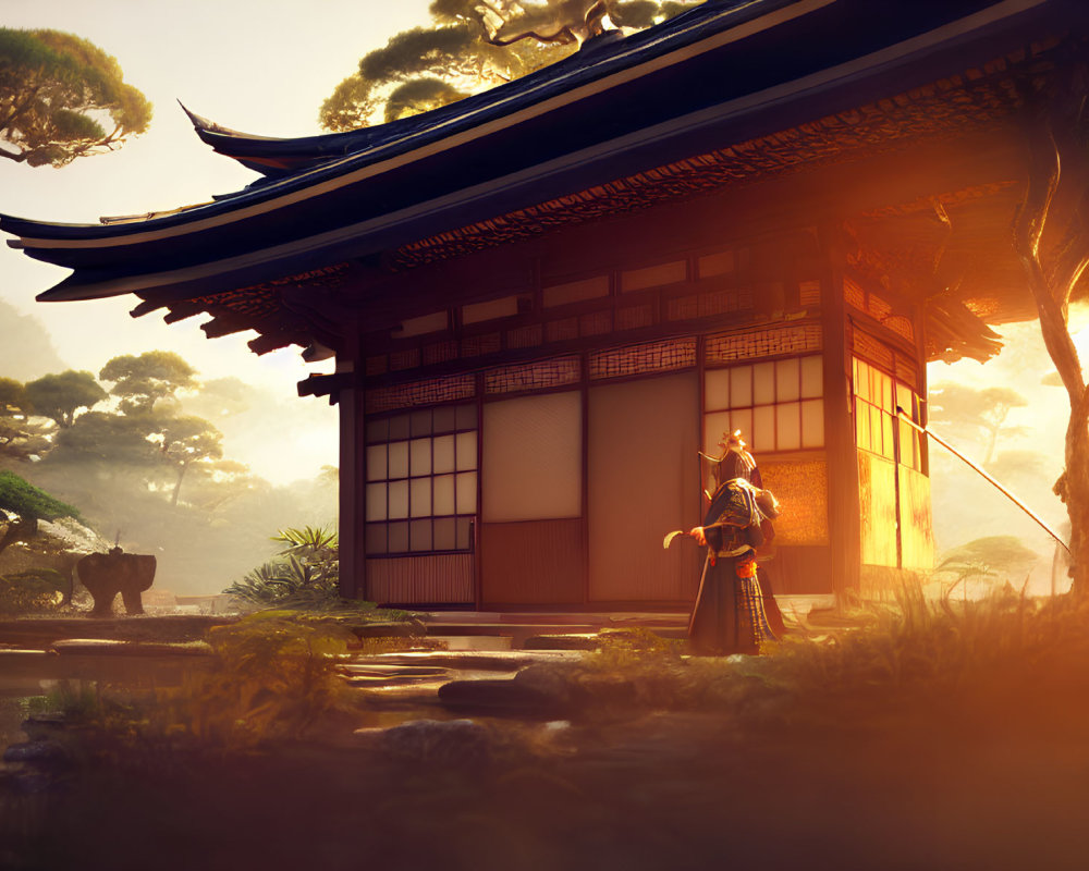 Traditional Japanese house with samurai in serene garden