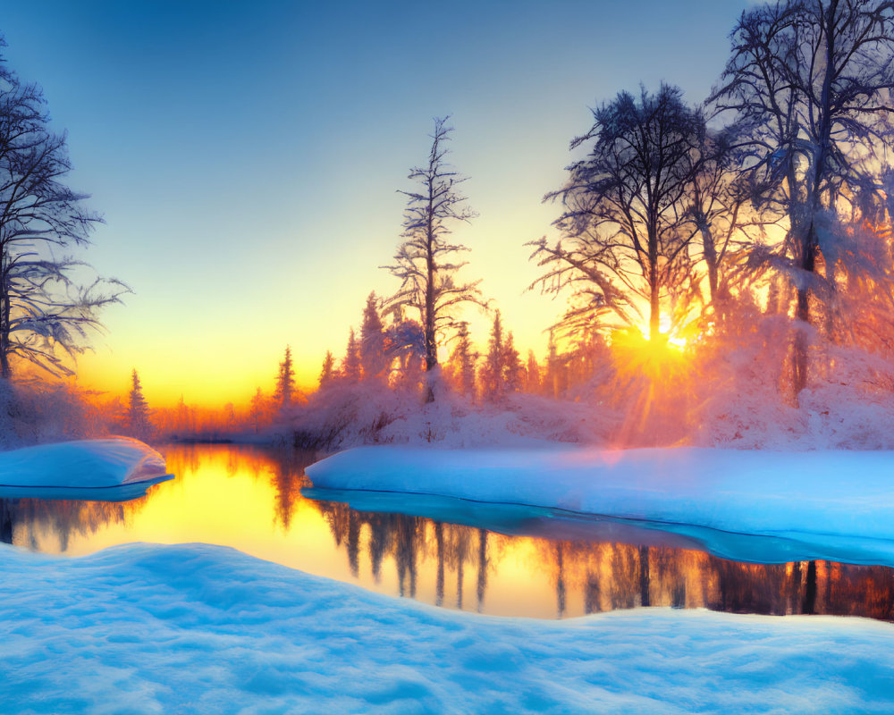 Tranquil snowy landscape with sunset reflection on river